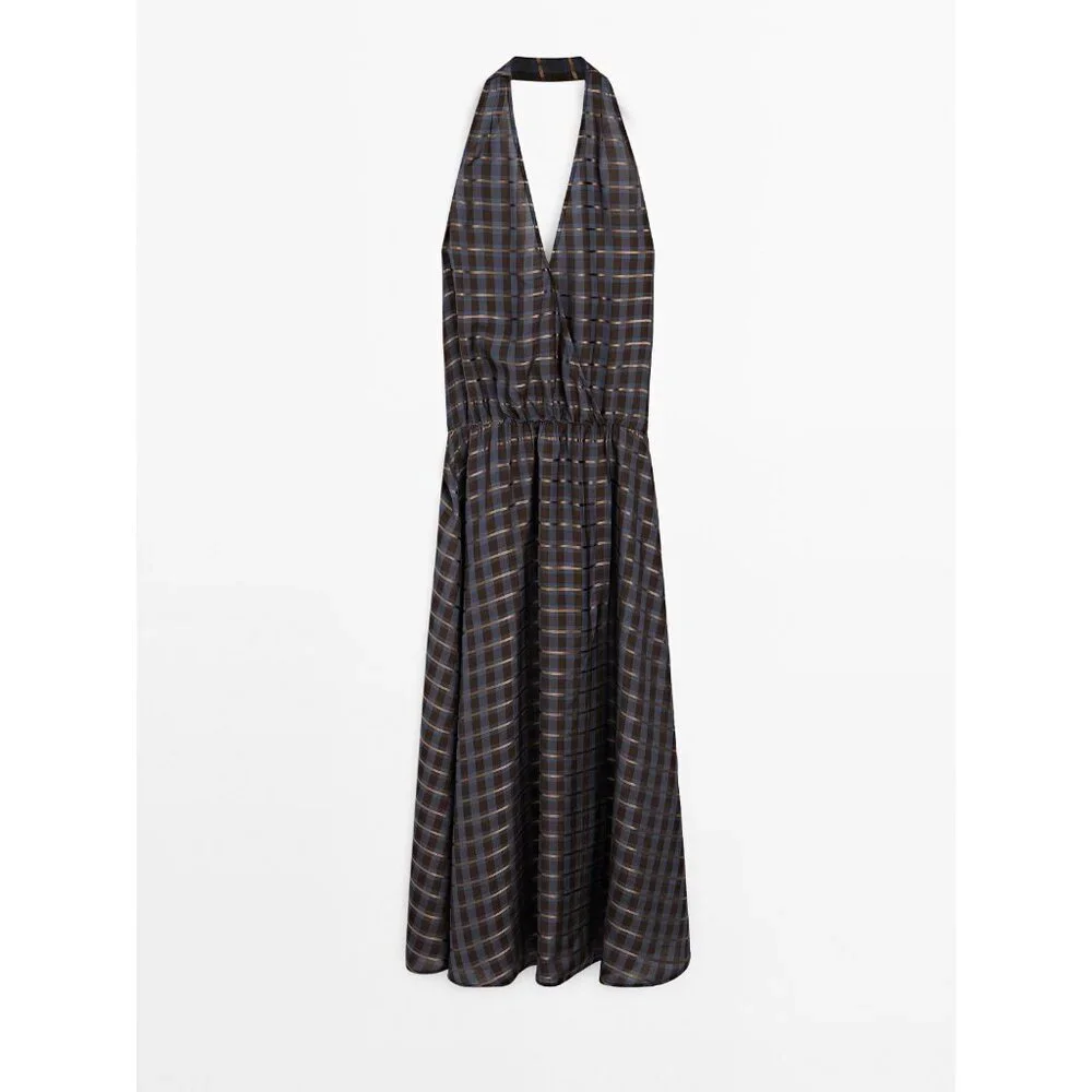 Massimo Dutti Womens Dress EU 38
US 6 Plaid Halter Neck Blue Brown NWT - Picture 4 of 15